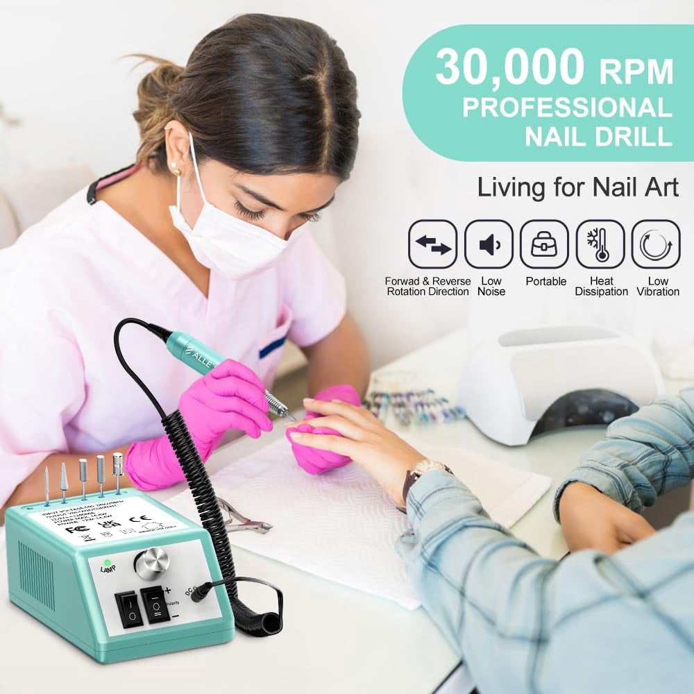 Professional Electric Nail Drill Kit, 30000 RPM Manicure Pedicure Machine with 6 Bits & 100 Sanding Bands,Green