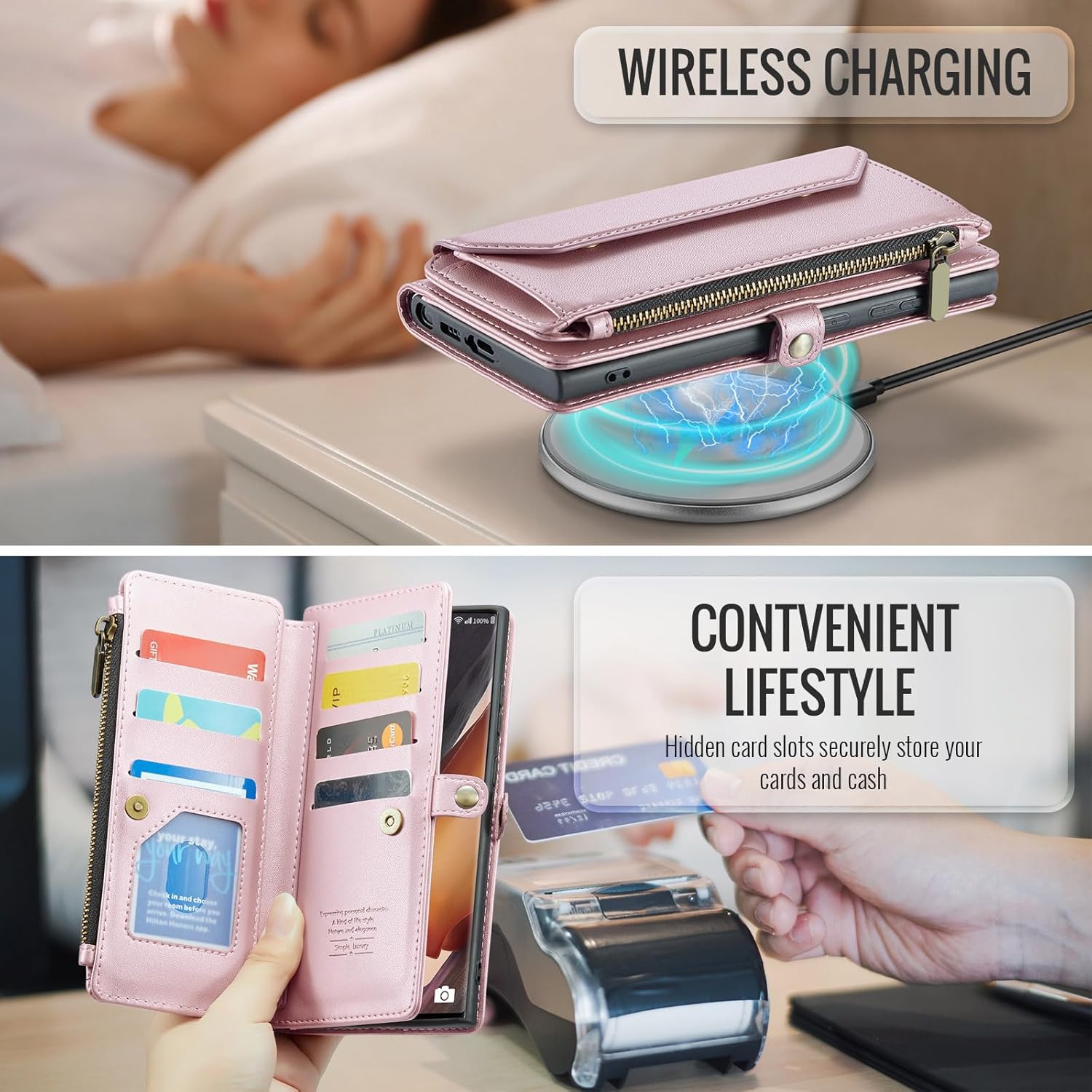 Phone Case for Samsung Galaxy Note 20 Ultra 5G Zipper Wallet Cover with Screen Protector Flip RFID Blocking Card Holder Cell Note20 Plus Notes 20Ultra Note20+ U + 20+ Twenty Not S20 Women Rose Gold