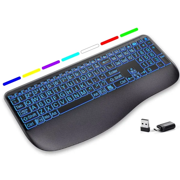GEAK Large Print Wireless Keyboard with 7-Color RGB Backlit, Full-Size Ergonomic Keyboard with Wrist Rest, Rechargeable 2.4G Silent Gaming Keyboard with Light up Keys for Computer Laptop Windows