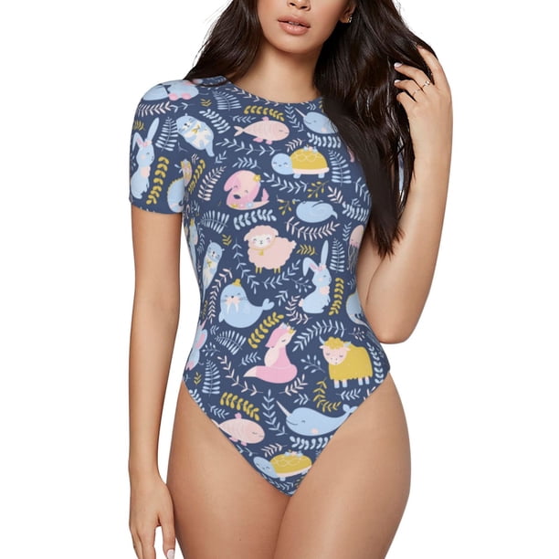Fotbe Cute Baby Animals Body de Mujer con Cuello Redondo y Mangas Cortas, Sin Mangas Ajustado, Suave, Cómodo y Básico-X-Large