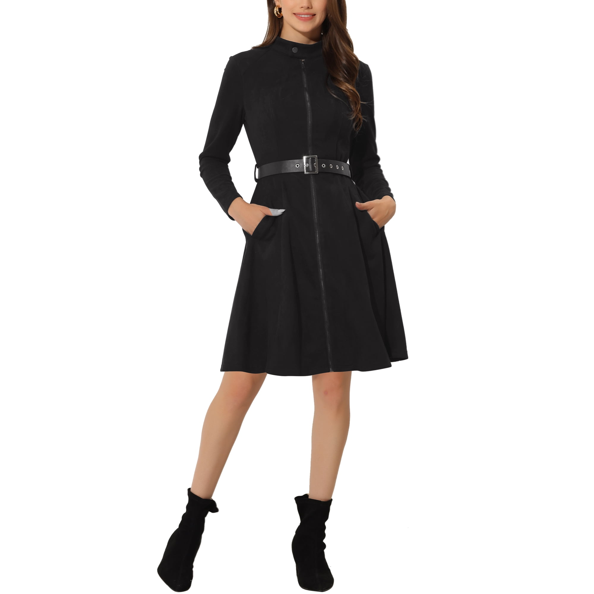 Unique Bargains Women s Faux Suede Dress Stand Collar Zip Up Belted Vintage Dresses Black XL