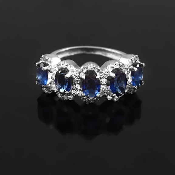 Oval Cut Sapphire Moissanite Halo Wedding Band, Blue Sapphire Gemstone Band, Five Stone Matching Band, Wide Stacking Birthstone Band, Gifts.