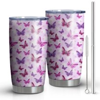20oz Tumblers Pink Butterfly Purple Wing Pattern Stainless Steel Vacuum Insulated Double Wall Travel Tumbler Cups Mug with Lid and Straw,Cleaning Brush for Cold & Hot Drinks