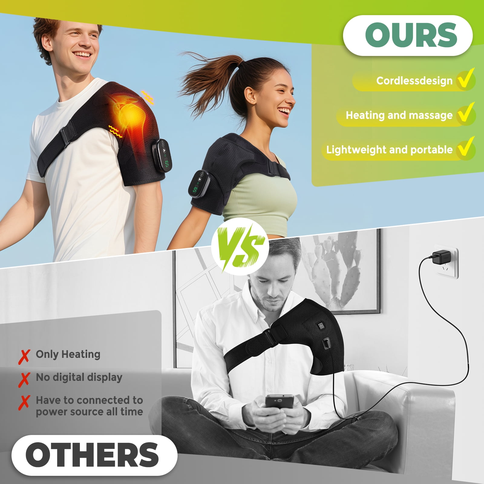 Shoulder Heating Pad, Cordless Heated Shoulder Brace with Vibration and Heat for Rotator Cuff Relief, Adjustable Heated Shoulder Massager, Gifts for Women Men
