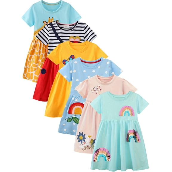 ATAIKU 2-7T Toddler Girls Short Sleeve Dress 100% Cotton Sequin Rainbow Casual Summer Appliques Shirt Jersey Dresses