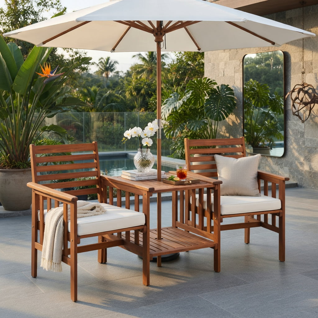 Hommoo 3-Piece Acacia Wood Outdoor Patio Furniture Set, Loveseat with Cushions & Umbrella Hole Coffee Table, White