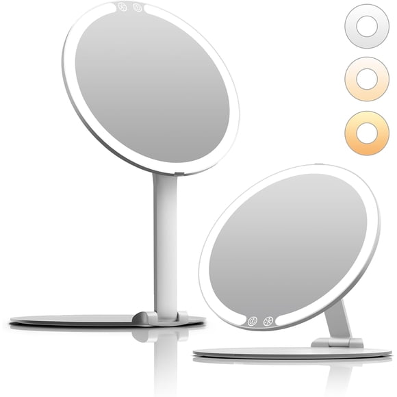 Auxmir Foldable Travel Makeup Mirror with 3 Dimmable Color Lights, USB Rechargeable Lighted Vanity Mirror with Touch Screen, Compact & Portable Ultrathin Desk Beauty Mirror for Travel Daily Business