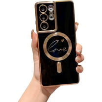 Compatible with Magsafe Phone Case for Samsung Galaxy S21 Ultra Cute Love Heart Case Luxury Plating Cover for Women Shockproof Soft Silicone Bumper for Galaxy S21 Ultra 6.8 inch (Black)
