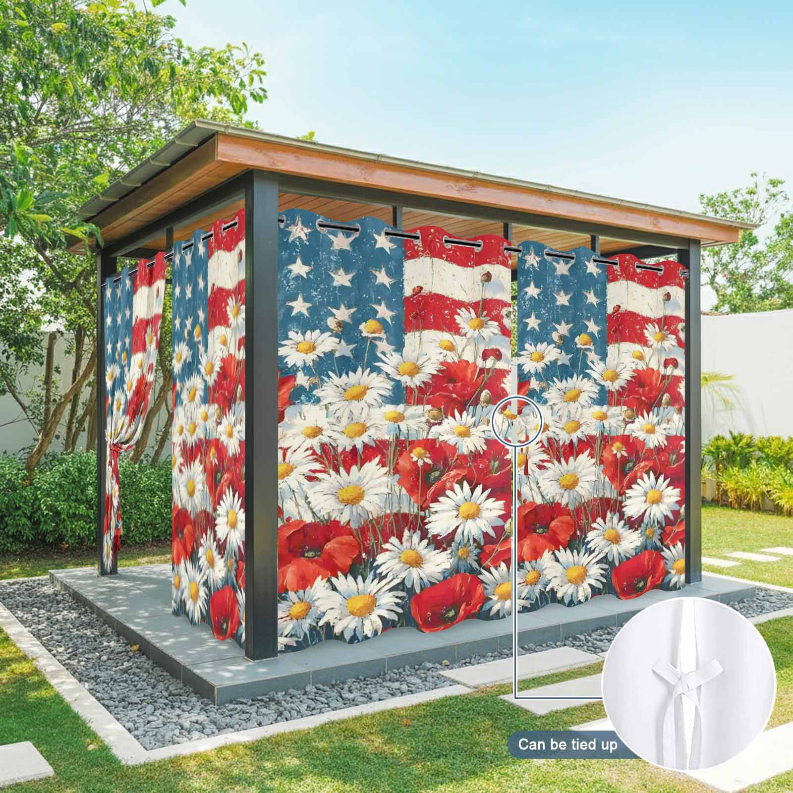 Independence Day Daisy Outdoor Curtains for Patio, Vintage Red Blue Stripe U.S. Flag Flower Leaf Sunshade Privacy Drapes Grommet Waterproof Outside Curtains for Porch/Cabana/Balcony 54"x108", 1 Panel