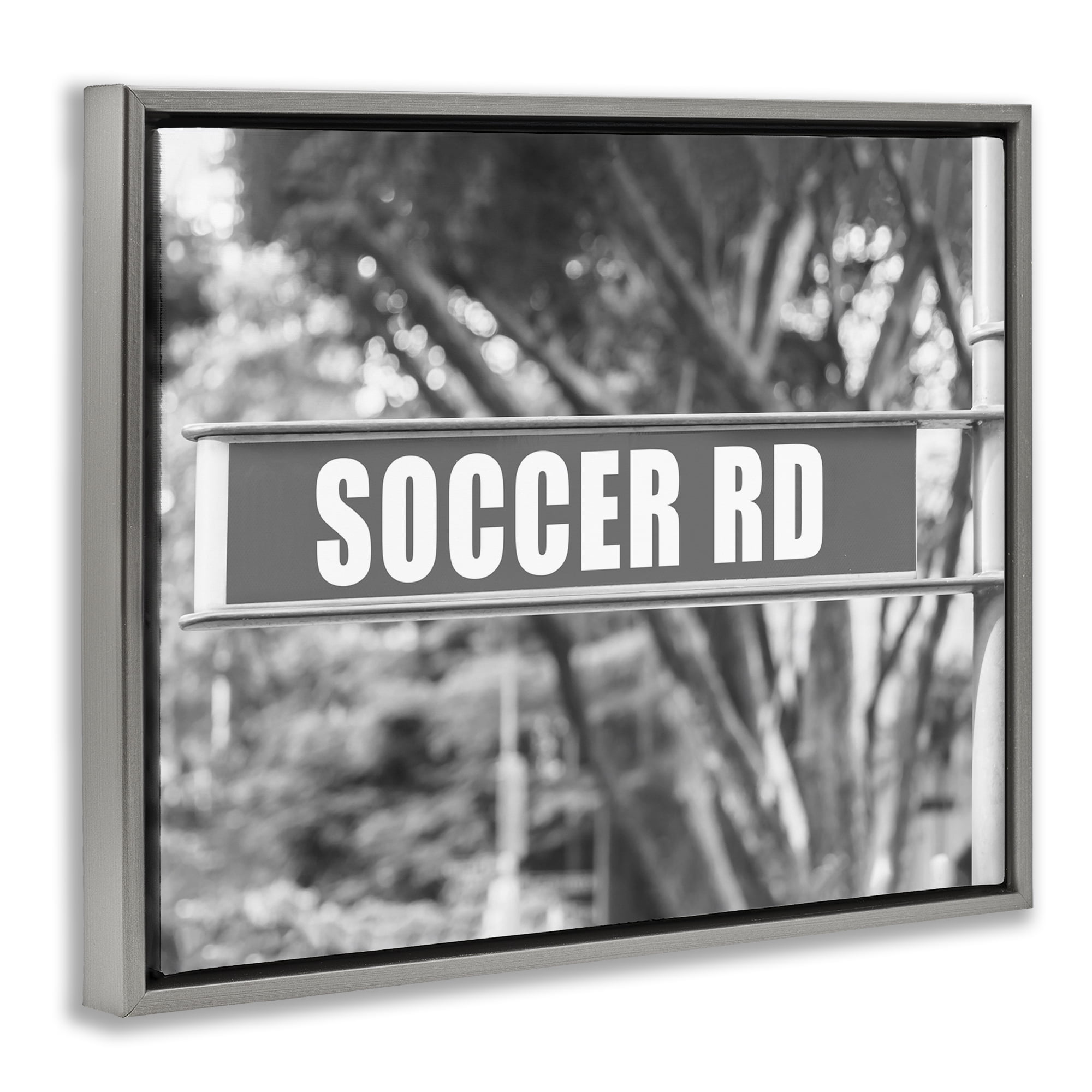 Stupell Industries Soccer Road Sign Sports Photography Gray Floater Framed Canvas Art Print Wall Art, 21 x 17