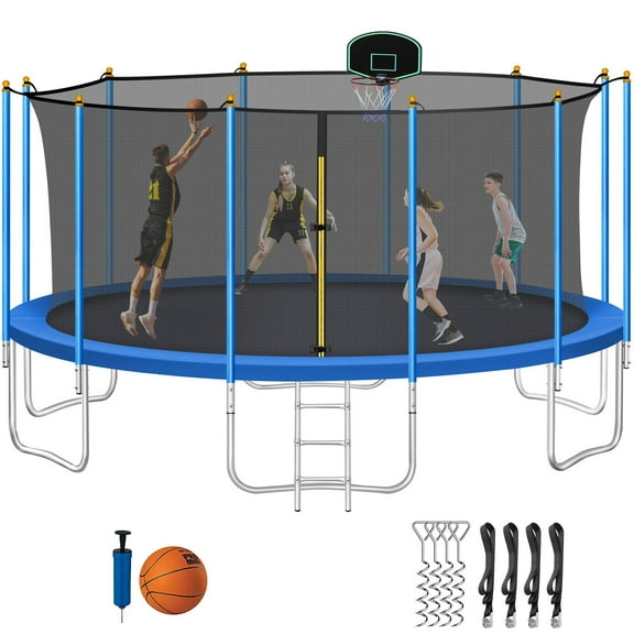 CITYLE 16 FT 1500 LBS Trampoline for Adults and 10 Kids, No Gap Design Heavy Duty Trampoline with Basketball Hoop, Outdoor Tramplines with Enclosure Net, 4 Wind Stakes