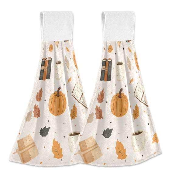 Yayeee Kitchen Hanging Hand Towels Set of 2 with Loop Bathroom Absorbent Tie Towel, Beige Fall Pumpkin