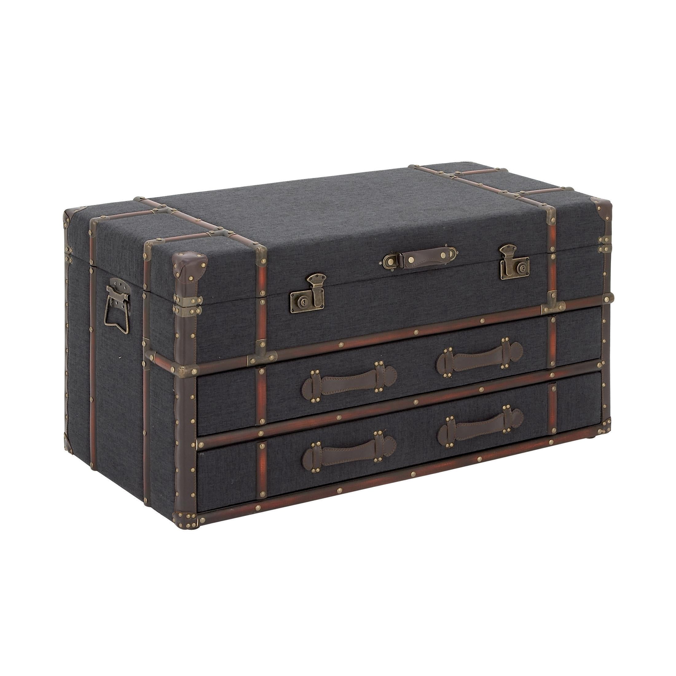 DecMode 40" x 21" Dark Blue Linen Fabric Upholstered Trunk 2 Drawer Coffee Table with Buckle Hinged Top, 1-Piece