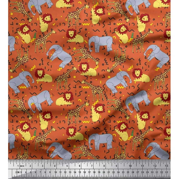 Soimoi Orange Cotton Cambric Fabric Lion,Giraffe & Elephant Kids Print Sewing Fabric BTY 42 Inch Wide