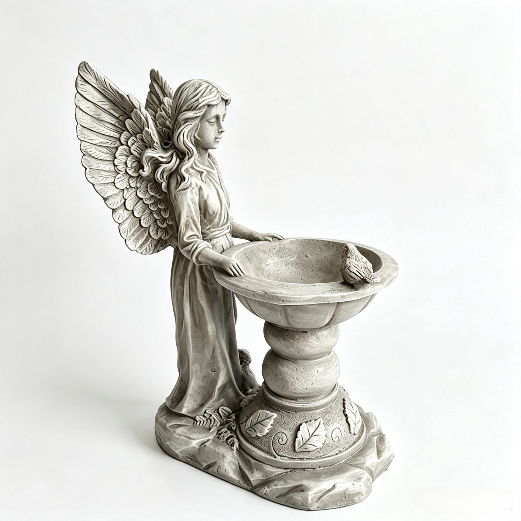 GDF Studio Angel Bird Bath Garden Statue, Vintage Off-White Resin Sculpture Figurine with Bowl, Outdoor Yard Lawn Decor