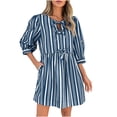 thumbnail image 2 of Ovzne Robes Grande Taille pour Femmes Rondes Robe Femme Manches 3/4 Mini Robe Été Décontractée Nœud Col Rond Rayée Ample Fluide Robes de Plage Vacances Liquidation, 2 of 6