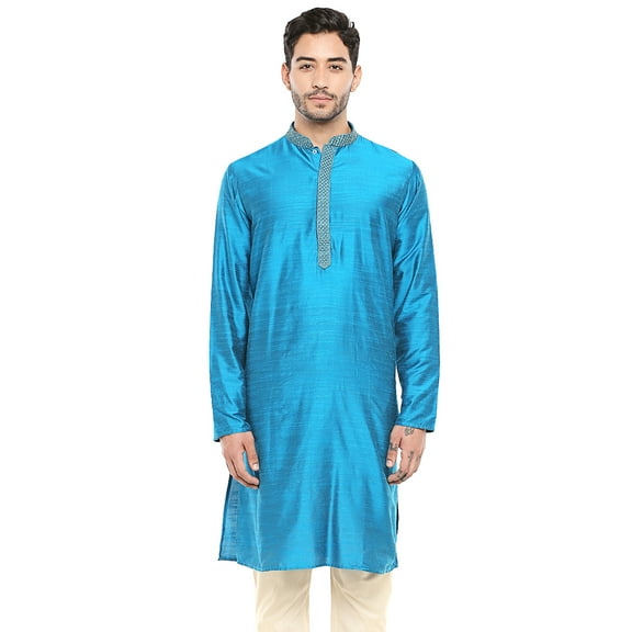 In-Sattva Men's Classic Band Collar Indian Kurta Tunic with Embroidered Placket, Blue, SM