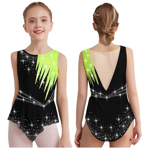 Aislor Girls Shiny Rhinestone Figure Ice Skating Rhythmic Gymnastics Skirted Leotard Dress Fluorescent Yellow 10