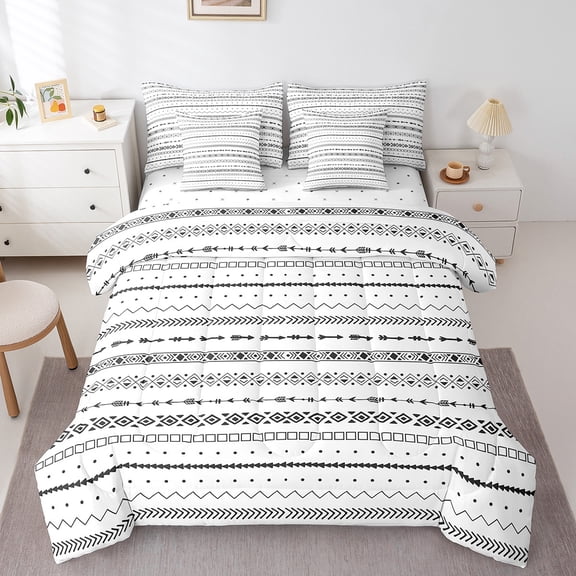 Manfei Retro Geometric Twin Bedding Sets 7pcs,Modern Geometric Stripes Bedding Comforter Set 7pcs,Black White Sheet Sets,Microfiber Room Decoration Reversible