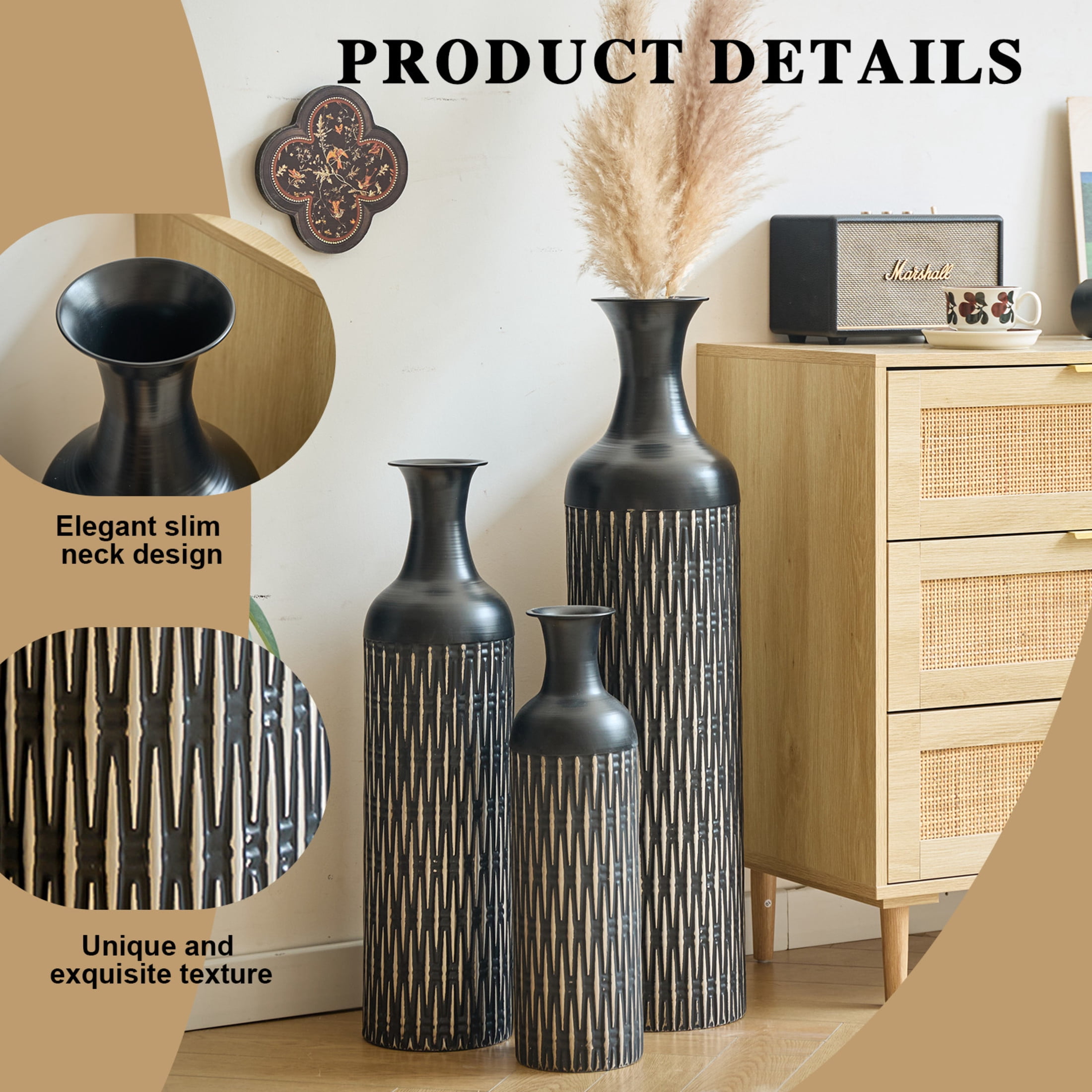 Noble House 3-Piece Metal Floor Vase Set, 32.68", 25.98", 19.69" Textured Decorative Vases, Black