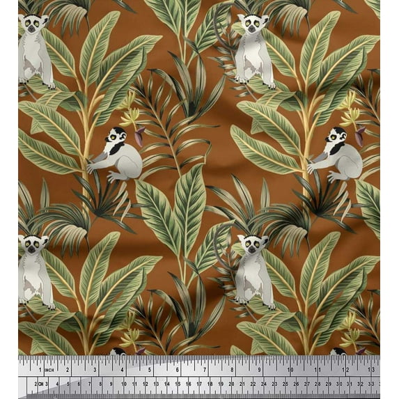Soimoi Poly Georgette Fabric Leaves & Lemur Animal Print Fabric by Yard 42 Inch Wide