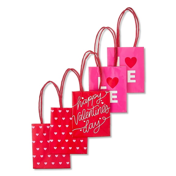 Mini Assorted Gift Bags Set, Pink, Red, and White, 3" x 2" x 4", 5 Count, Valentine's Day by Way To Celebrate
