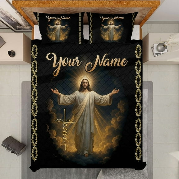 Personalized Jesus Quilt Bedding Set – Custom Name Christian Quilt Set – Religious Quilt Blanket & Pillowcases with Jesus Christ Design – Faith Inspired Bedroom Decor