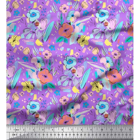 Soimoi Purple Cotton Duck Fabric Artistic Leaf & Floral Decor Fabric Printed Yard 42 Inch Wide
