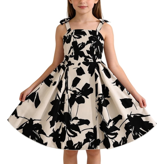 Spazoro Girls Midi Camisole Dresses, A-Line Square Neck Sleeveless Floral Print Casual Summer Dresses for Girls Black Size 8-9