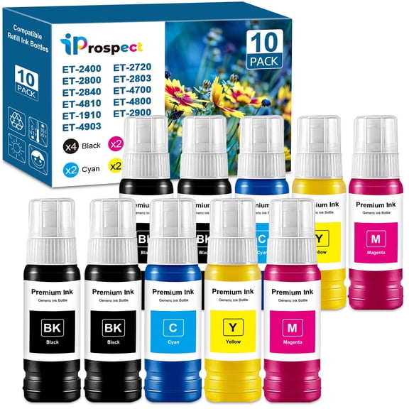 Compatible Ink Refill Bottles  Replacement  for ET-1910 ET-2900 ET-4903 ET-2800 ET-2803 ET-2850 ET-2720 ET-3750 ET-4800 ET-4700 ET-2750 ET-2400 ET-4810 4Black ,2cyan,2yellow,2magenta 10 Pack