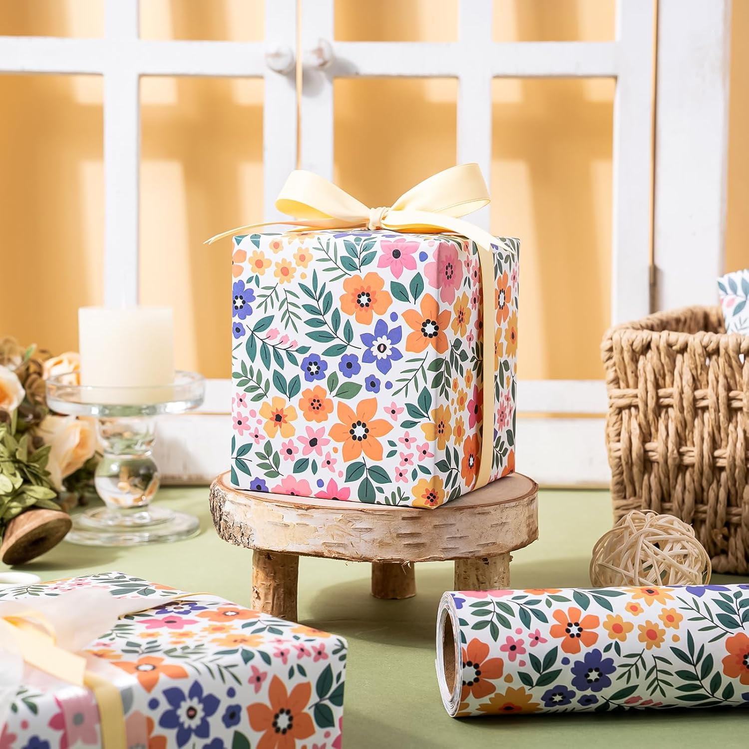 AllWays Plaza Kraft Floral Wrapping Paper Roll - Mini Roll - 17 Inch x 33 Feet - Ditsy Flower Wrapping Paper, Perfect for Wedding, Birthday, Bridal Shower, Tea Party