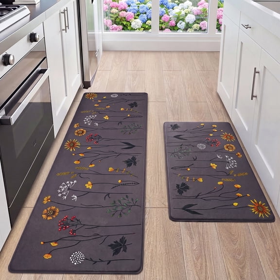 Kitchen Mats for Floor, Non Slip Cushioned Anti Fatigue Rugs for Sink and Office , 17" x 47"   17" x 29, Colorful Flower