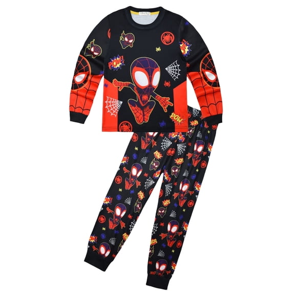 Spider Hero Sleepwear Set, Long Sleeve Crewneck Top with All-Over Cartoon Hero Print & Sweatpants, Kids 2-Piece Pajama Outfit for Daily Wear & Slumber Parties
