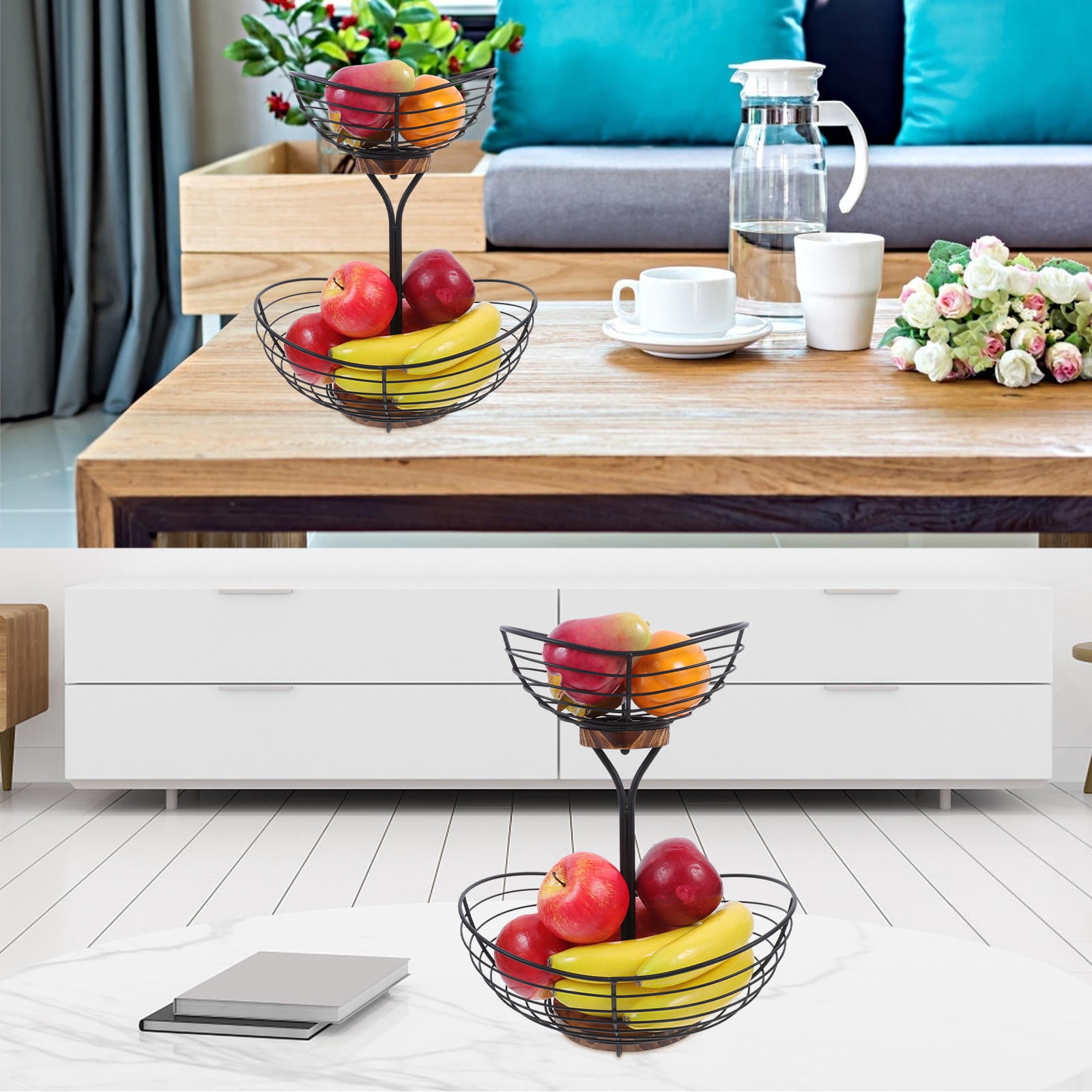 ELAYARD Black Metal Multi-Tier Fruit Storage Basket Wire Bowl for Kitchen Countertop and Dining Table