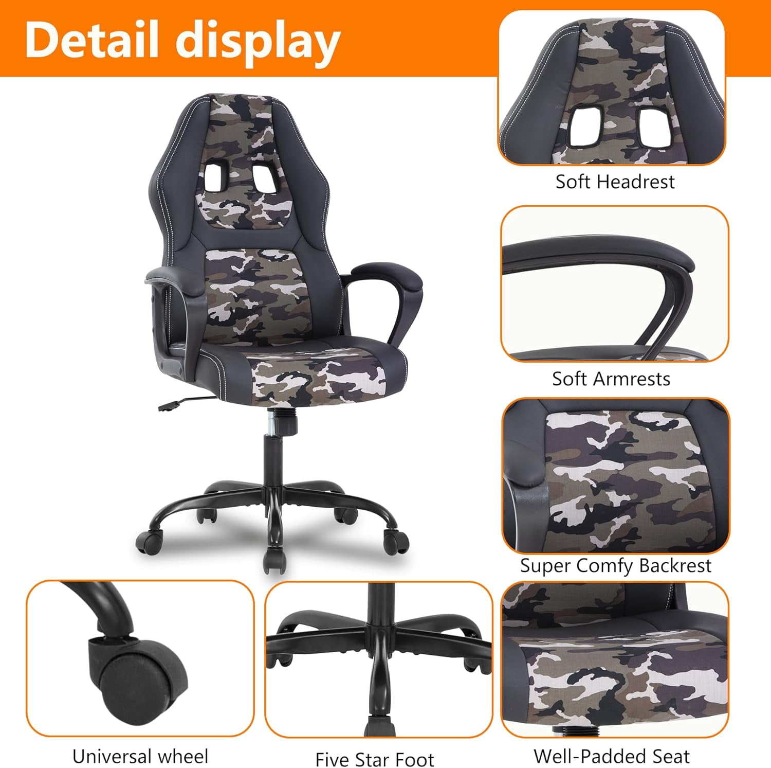 BestMassage Adjustable & Ergonomic Swivel Gaming Chair, Camo