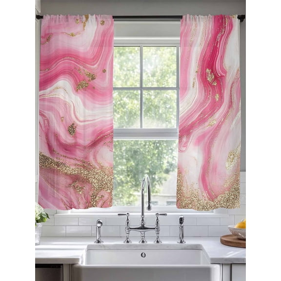 Pink Gold Sheer Curtains 63 Inches Long 2 Panels Abstract Marble Light Filtering Semi Sheer Window Curtains Drapes for Bedroom Living Room 52"x63"