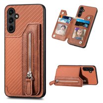 Feishell Case for Samsung Galaxy A25 5G,Fiber Grain PU Leather Back Wallet Case with Credit Card Slots & Zipper Pocket Shockproof Magnetic Buckle Flip Kickstand Phone Case,Brown