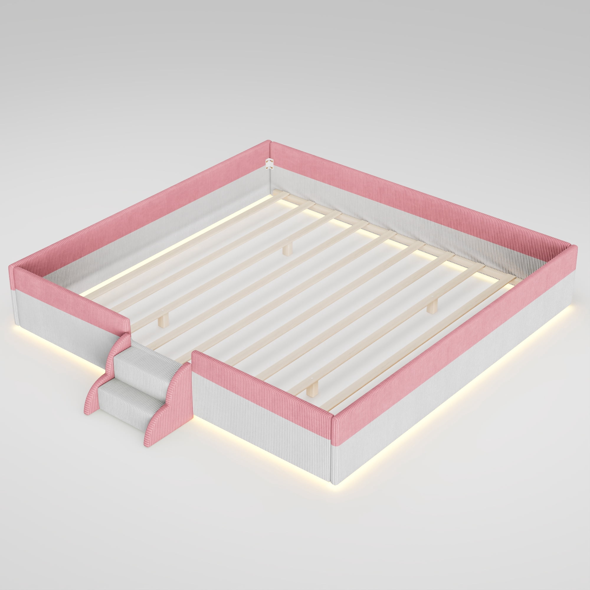 Howcool King Size Corduroy Upholstered Floor Bed with Fence and Smart LED Lights,2-Tier Steps Platform Bed Frame,Pink+White