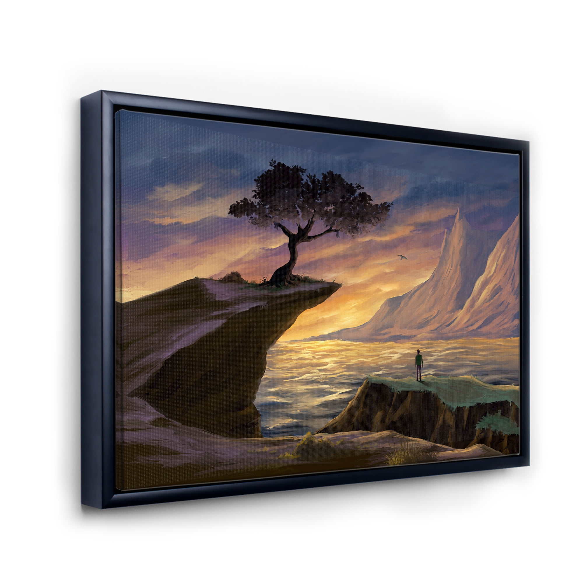 Designart 'Tree On A Sea Cliff At Evening Light' Lake House Framed Canvas Wall Art Print
