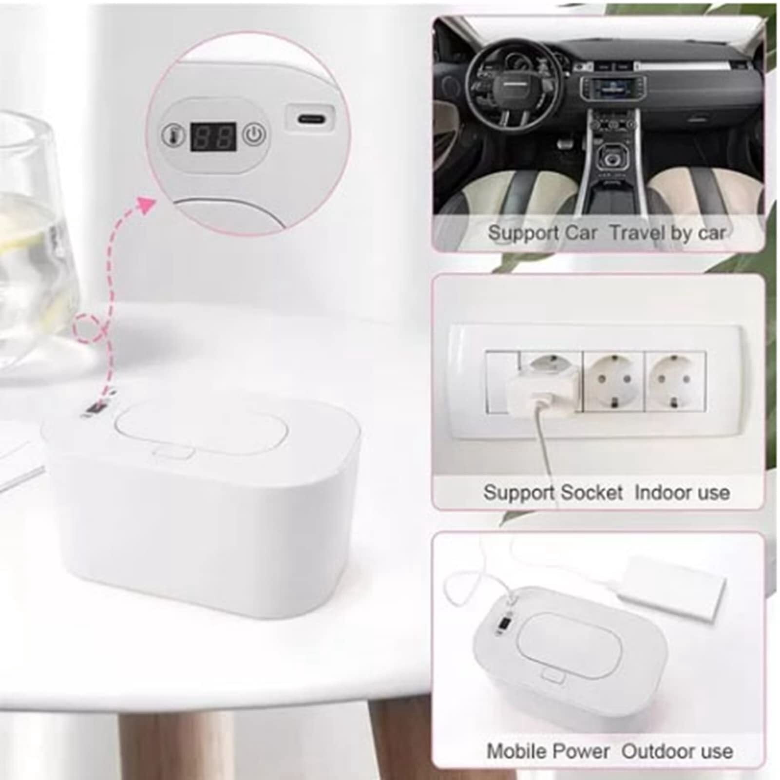 Wet Wipes Heater, Intelligent Adjustable TemperatureBaby Wipe Warmer Car Charging (White)