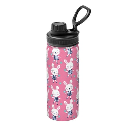 

Tebeau Rabbit Holding Flowers Print Water Bottle 18oz Sports Insulated Kettle Stainless Steel Outdoor Drinking Bottles Fashion Travel Cup