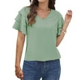thumbnail image 7 of Scyoekwg Womens Tops Vintage V-Neck Ruffle Sleeve Elegant Shirts Casual Summer Loose Comfy Solid Color Lightweight Short Sleeve T Shirts Blouses (Green,L), 7 of 7