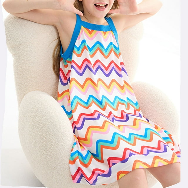 Robe Sans Manches à Col Rond Longueur Genou, Mode Filles Été Nouvelle Robe à Manches Courtes Volantées avec Poches à Col Rond Imprimée Robe Débardeur Douce