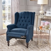 GDF Studio Elizabeth Contemporary Tufted Wingback Pushback Recliner, Navy Blue and Dark Brown, Fabric