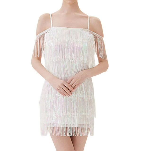 QHFBli Robes de Cocktail Robes Charleston Années 1920 Gatsby avec Franges à Paillettes Intégrales Robes Mini Robe de Bal de Promo Robe de Fête Blanc TG