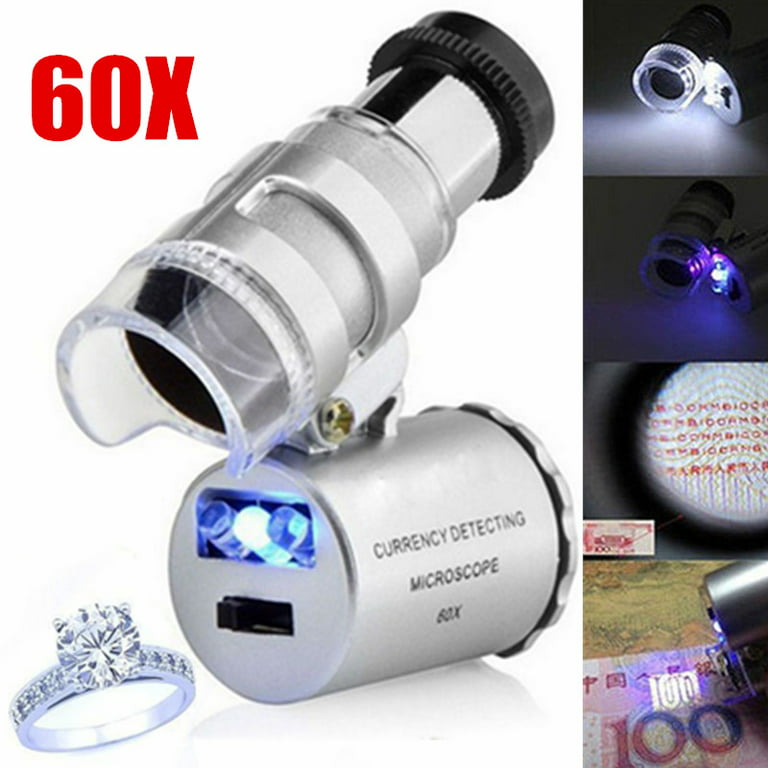 60X Pocket Microscope, Mini Pocket LED UV Light Microscope Magnifier with 2  LED Lights and 1 UV Light for Jewelry, Diamonds, Coins, Stamps, Antiques
