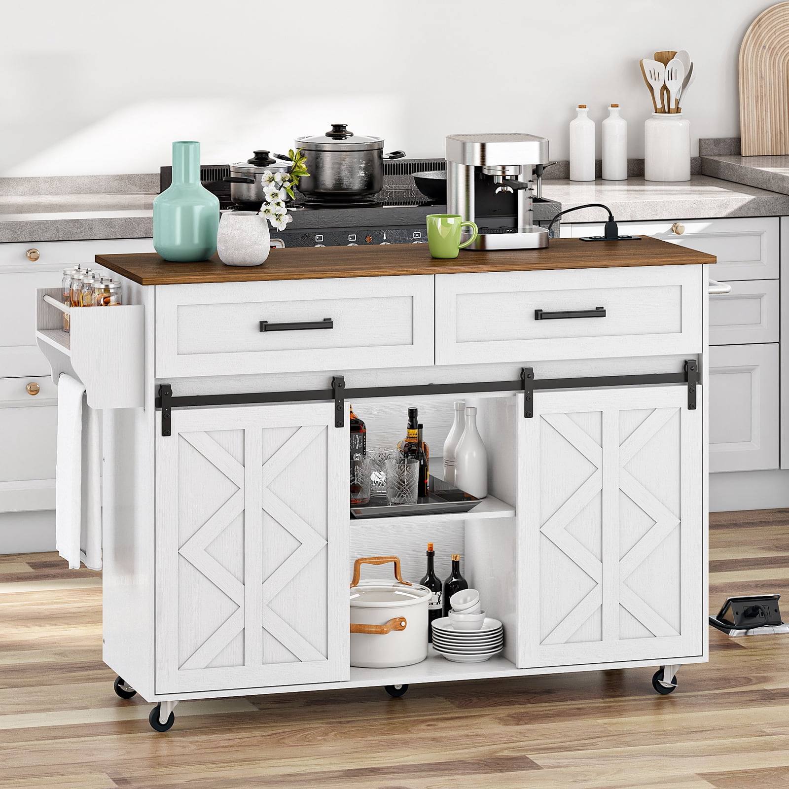 HOOBRO Kitchen Island with Storage, Power Outlet, Rolling Kitchen Island Cart on Wheels, with 2 Drawers, Sliding Barn Doors and Lockable Wheels, Farmhouse, White and Walnut WH28UZD01