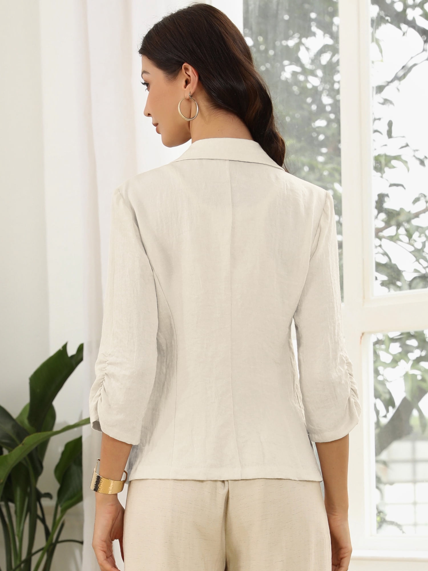 DARING DIVA Women's Linen Notch Lapel 3/4 Sleeve Suit Blazer Jacket S Beige