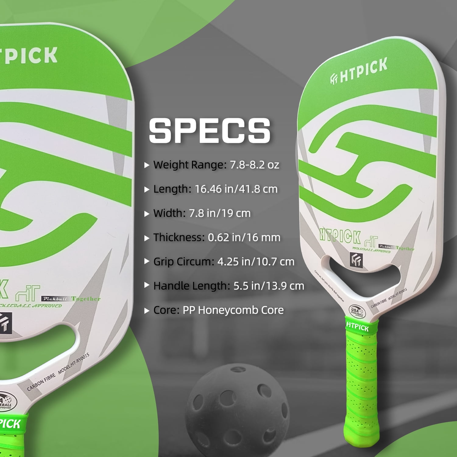 HTPICK Thermoformed Pickleball Paddle - T700 Carbon Fiber Surface, 16mm Honeycomb Core, Green, USAPA Approved