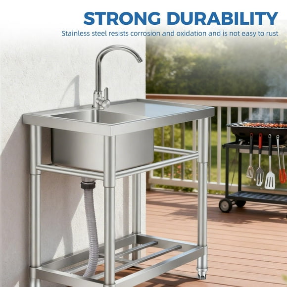 EDTara Stainless Steel Utility Sink, Features Workbench, Rack, Deep Basin, Faucet, Hot & Cold Water Plumbing, Ideal for Laundry Room, Kitchen, Garage, Workshop, and Outdoor Tasks